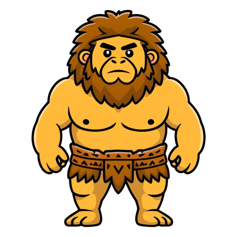 Neanderthal caveman with very broad shoulders, primitive human with strong build, fur clothing sticker