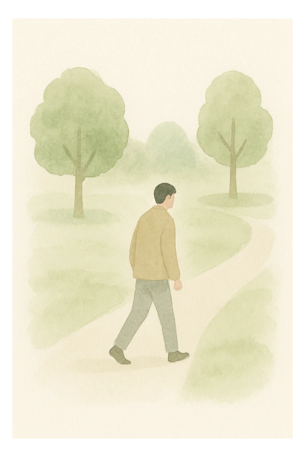 man walking through a green park, trees and path, watercolor art style sticker