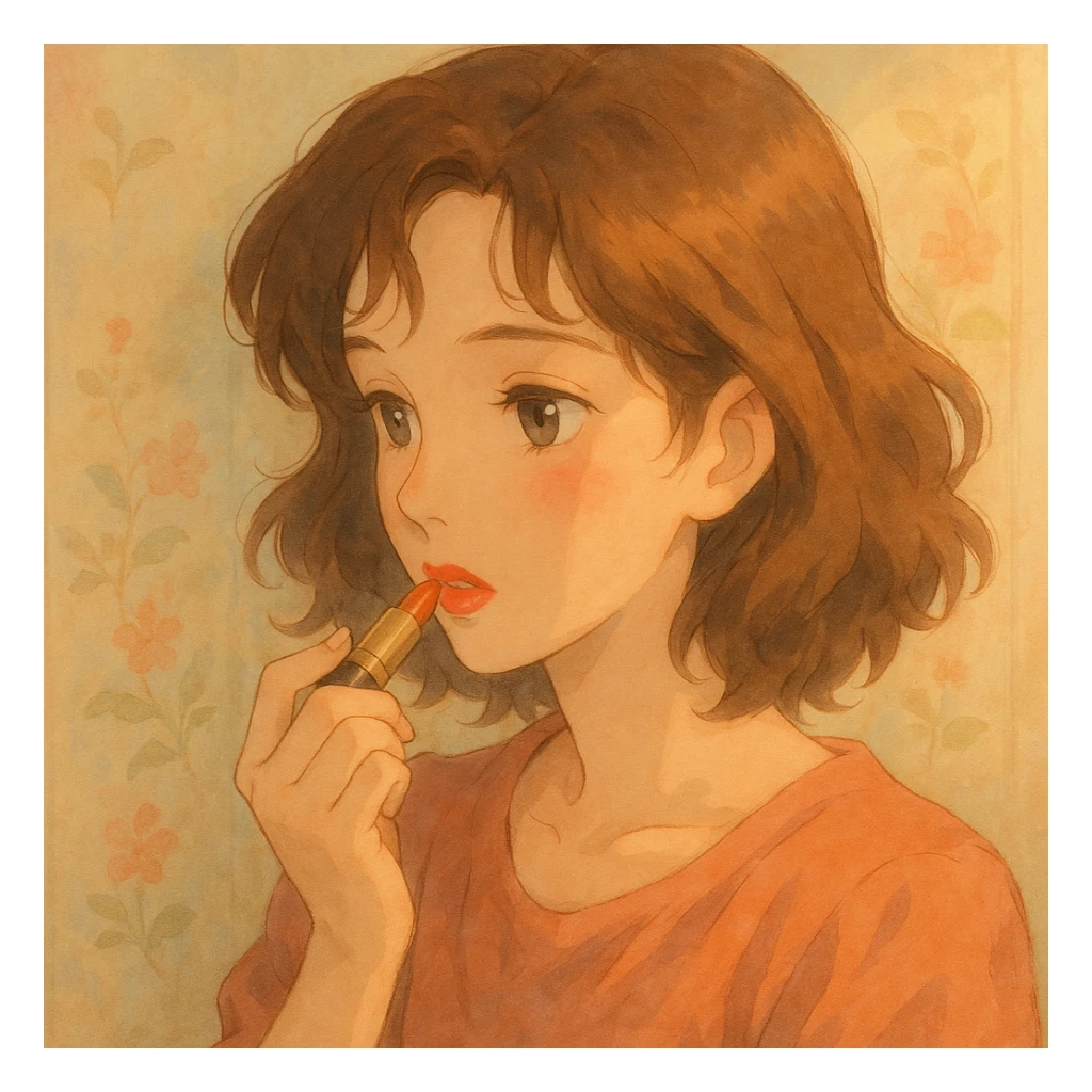 woman applying lipstick sticker