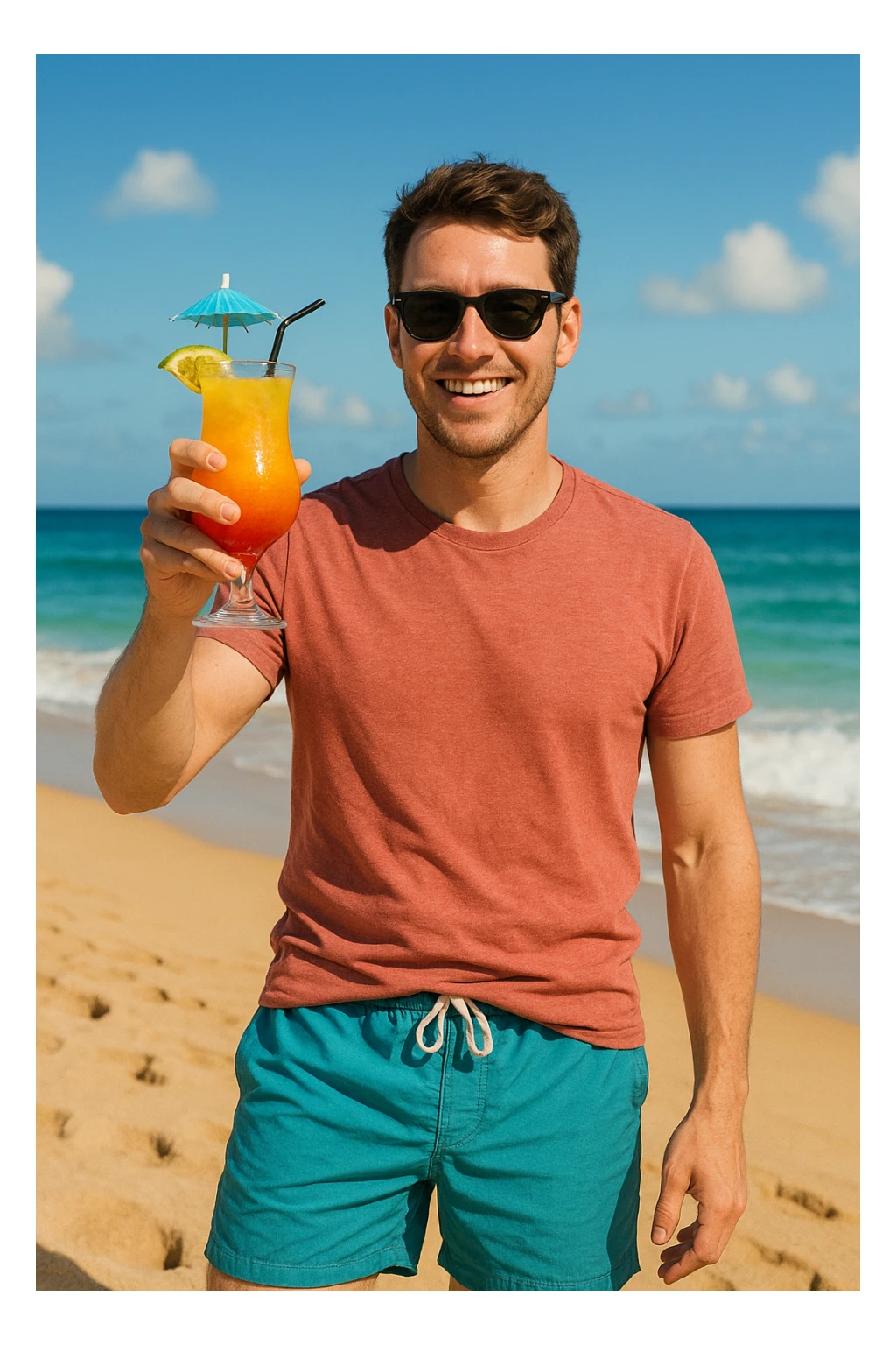 take this picture of a man and make it  beach photo with drink sticker