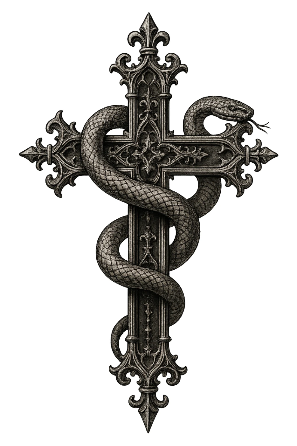 gothic style cross with a snake wrapped around it, intricate gothic details, transparent background sticker