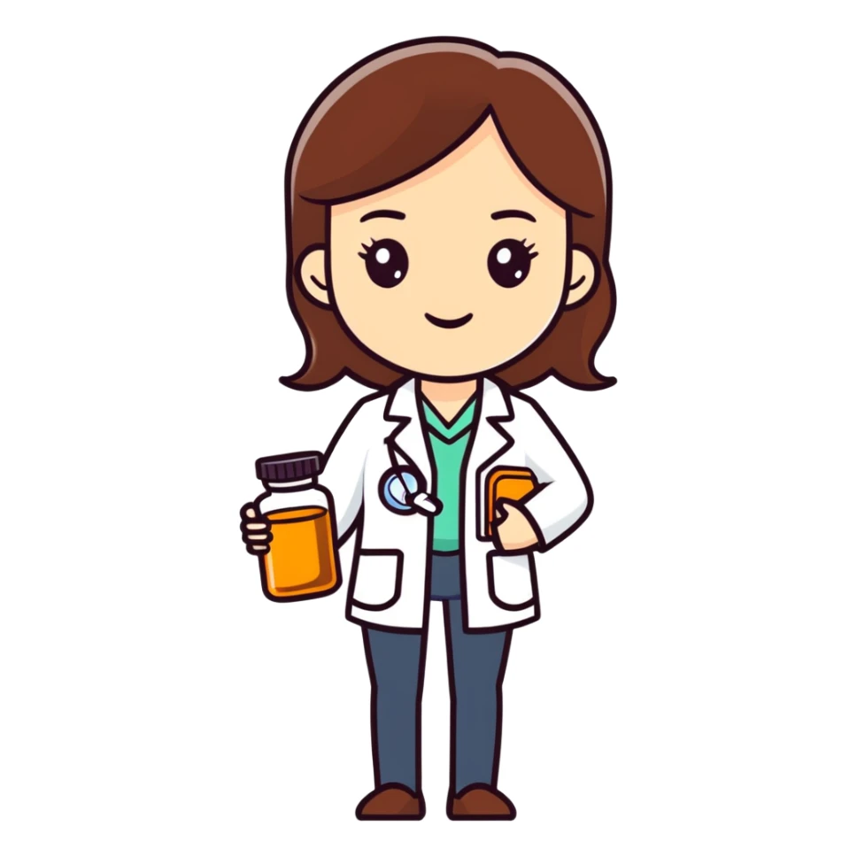 Brunette female Pharmacist holding an amber pill bottle sticker