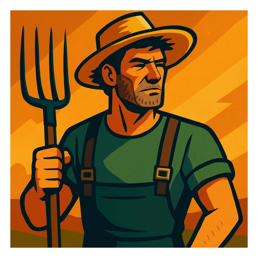 vibrant toon style illustration of a rugged middle-aged farmer, sun-bleached face, black hair, strong jaw, stubble, green trousers, suspenders, green T-shirt, straw hat, holding pitchfork, dramatic warm golden-brown background, bold lines, mix of warm and cool lighting, rustic rural America vibe sticker
