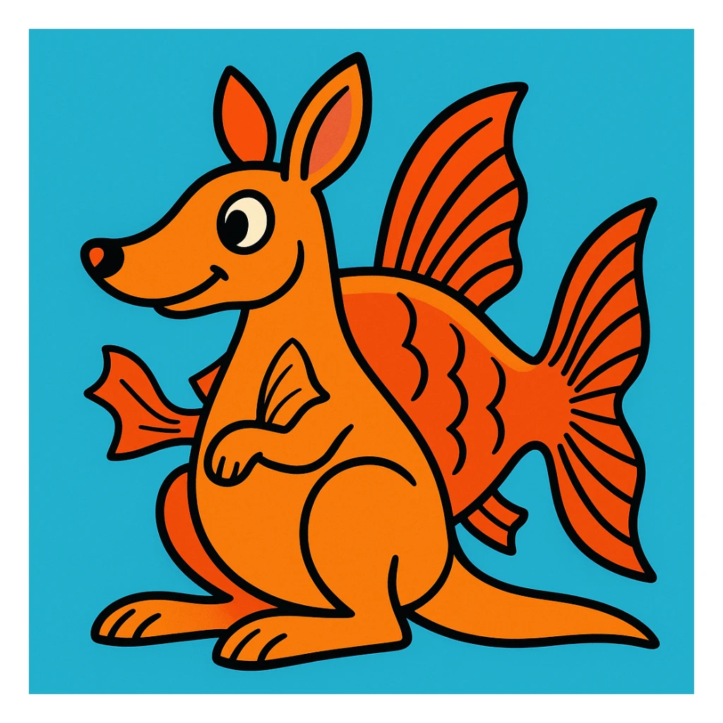 an orange kangaroo with fish fins and tail, whimsical, bold lines sticker