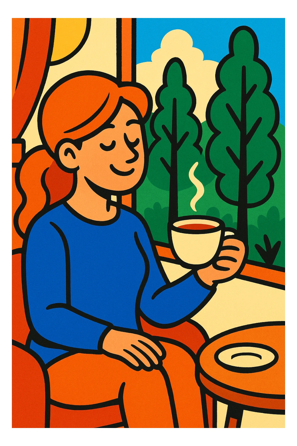 A woman enjoying tea by a window with a forest view sticker