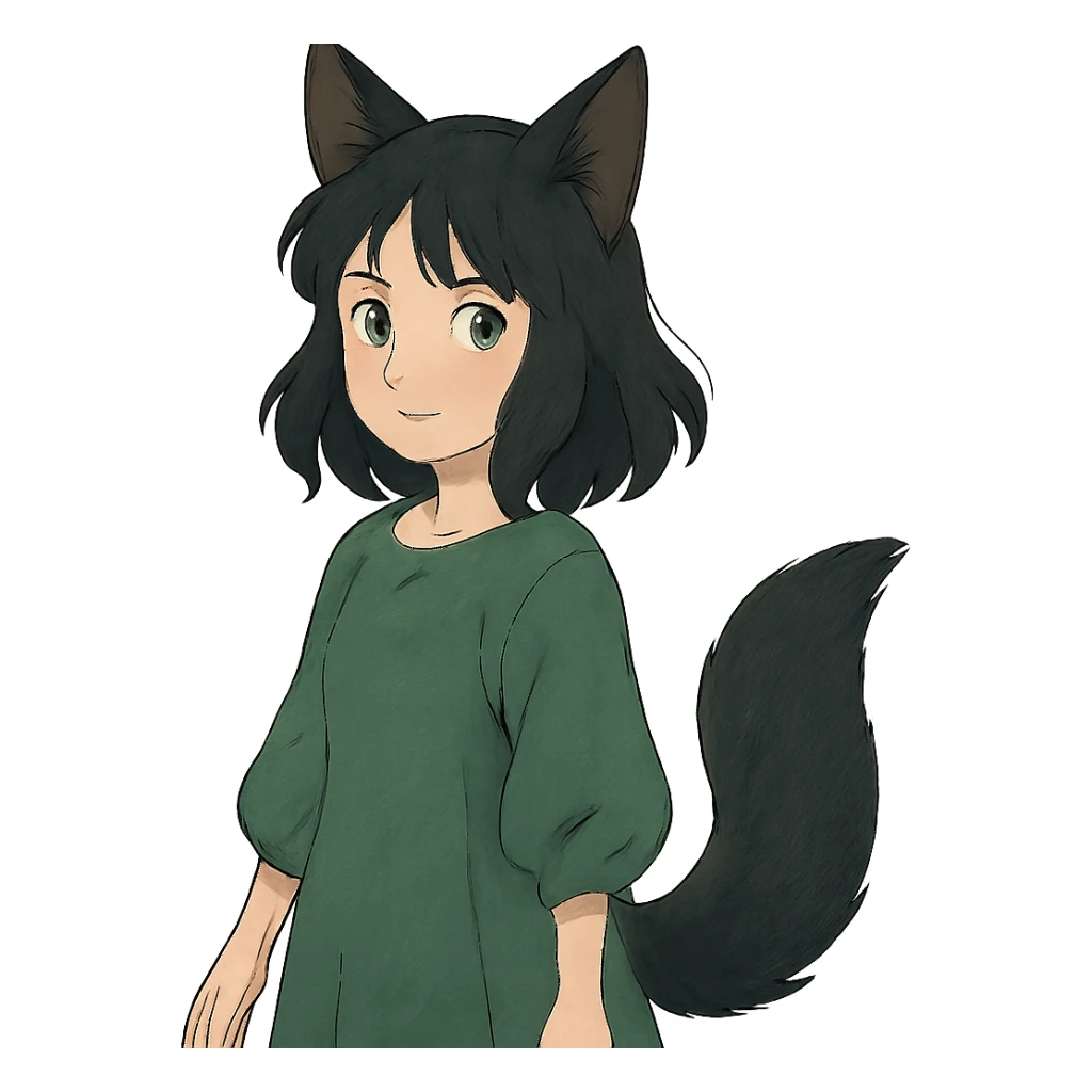 a girl with black fox ears and a tail, green eyes, dark hair sticker