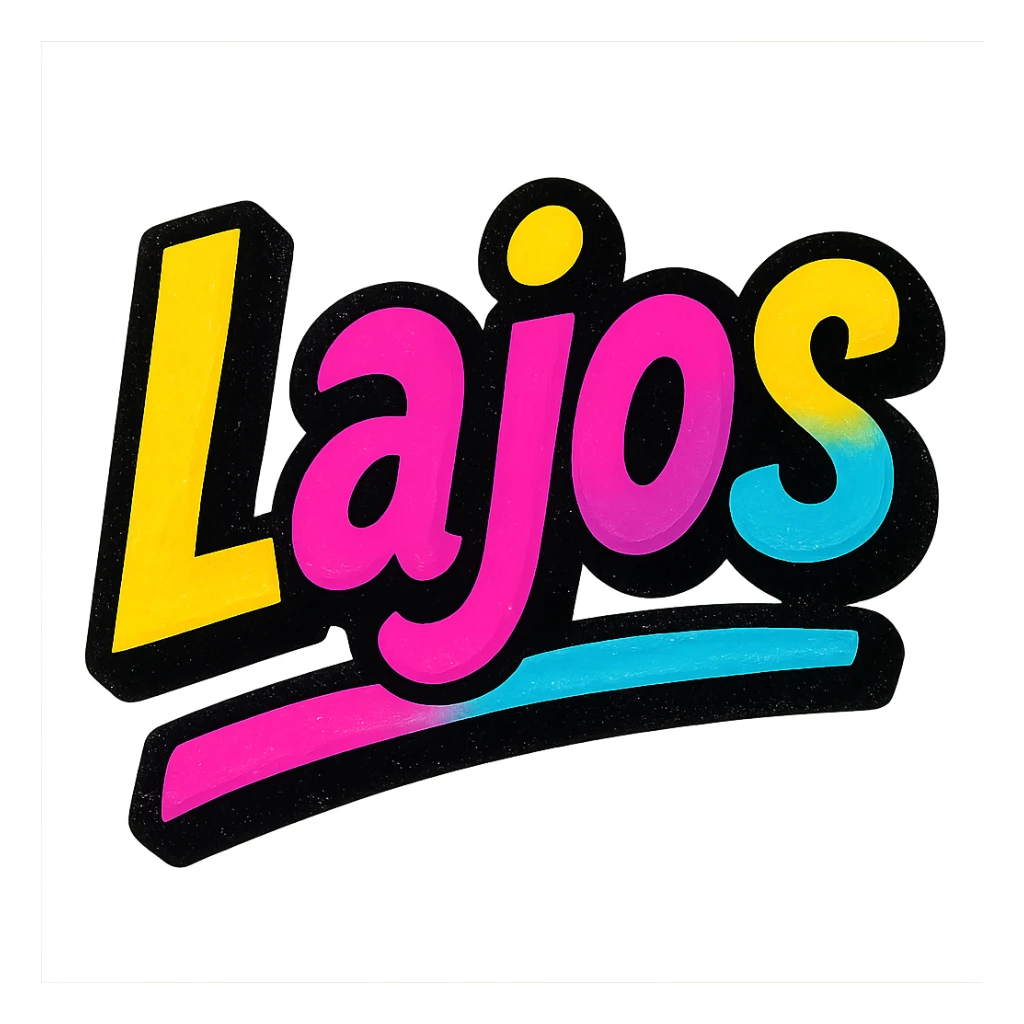 Lajos name in modern colorful gradient font with dark outline, dynamic slanted or partial underline, transparent background, in the style of reference patterns sticker