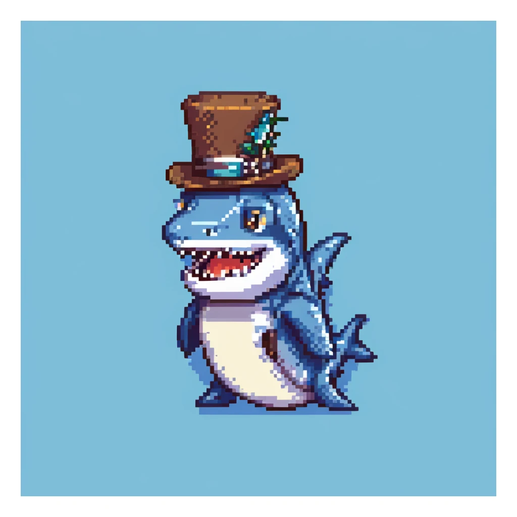 pixel art shark in a tophat, smiling, blue background sticker