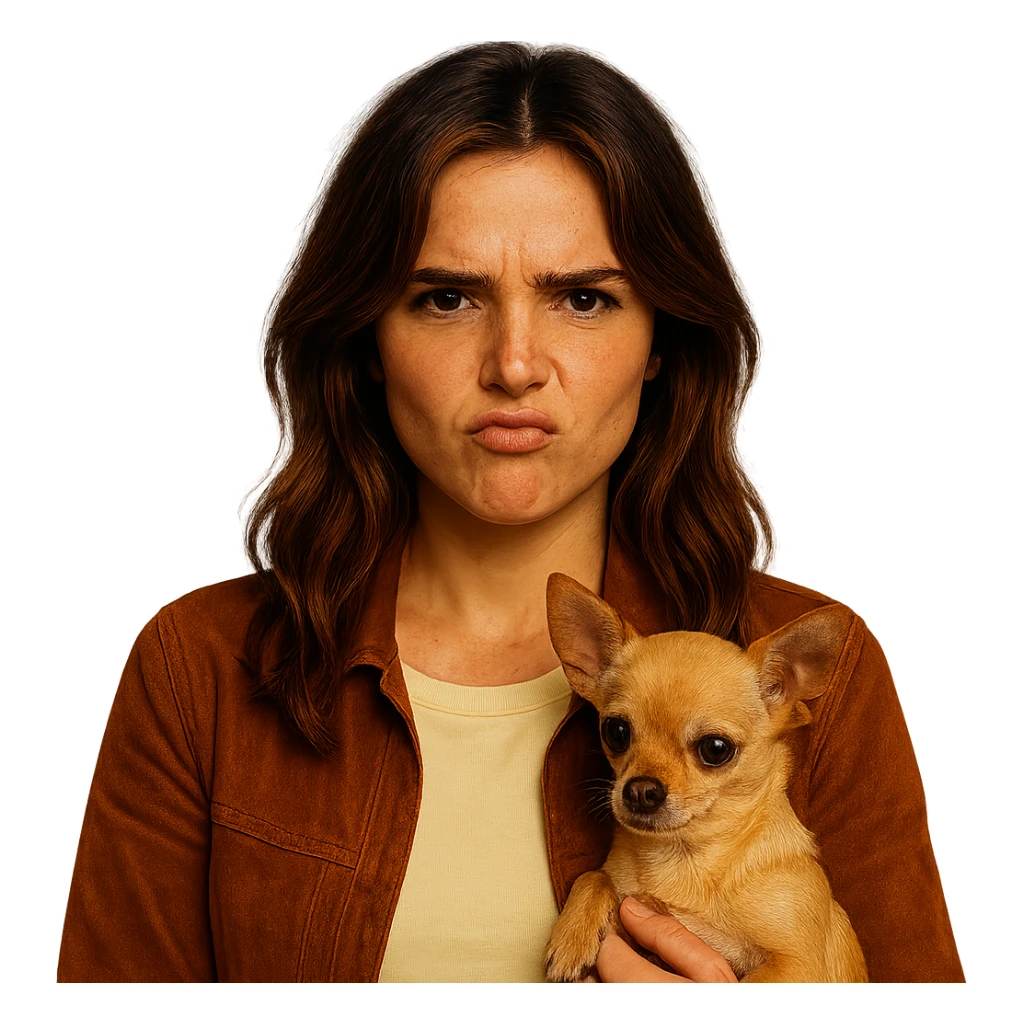 Create a centered portrait for an Instagram profile inspired by the facial features visible in the reference images of Zoe Deutch. The subject has a tanned complexion with subtle freckles, wearing a shirt in color #FFF8CA and a rust-colored jacket. Hair is medium-length brown with auburn highlights. The expression is rebellious and playful. The subject is holding an expressive and cute beige-brown chihuahua. The style is inspired by a Netflix series with an intimate and expressive atmosphere reminiscent of Tenerife. The background should be transparent. sticker