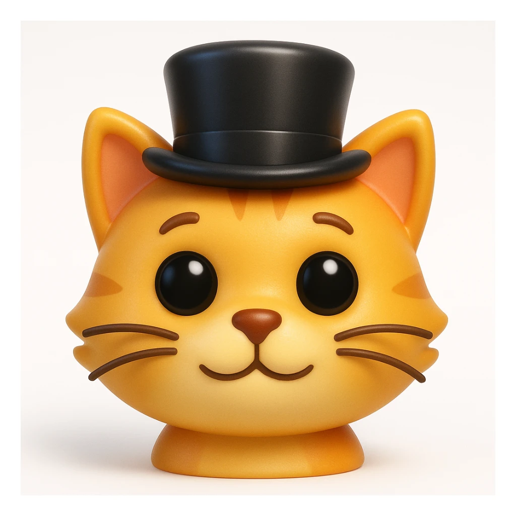 3D rendered emoji-style illustration, glossy plastic-like materials, soft ambient occlusion, rounded forms, high-detail textures, clean white background, Apple emoji aesthetic, subsurface scattering on skin, vibrant saturated colors, cute proportions with large expressive eyes, studio lighting with soft shadows, cat wearing a tophat sticker