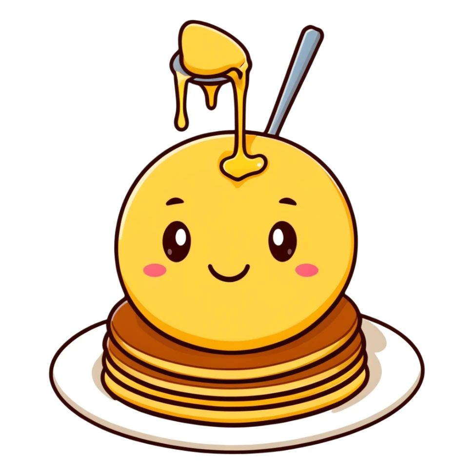 adorable pancakes with butter on top and maple syrup dripping down, smiling face sticker