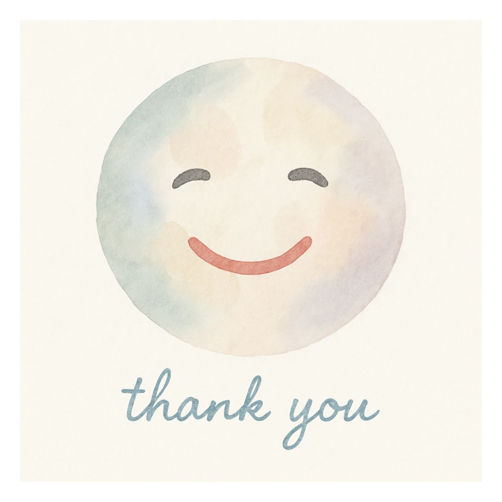 watercolor emoji with a soft smile and 'thank you' text sticker