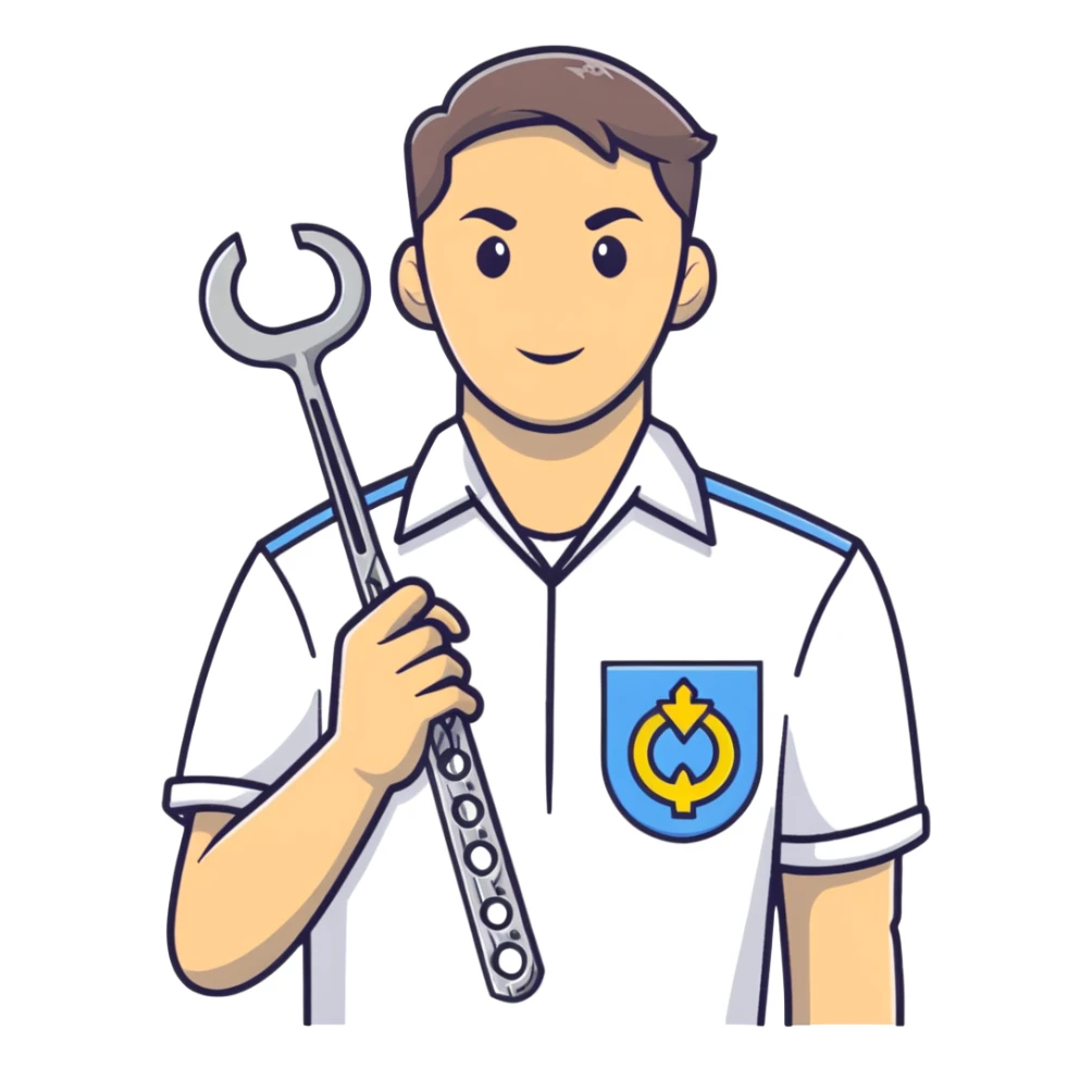 A Ukrainian man in a white embroidered shirt holds a spanner in one hand and scissors in the other sticker