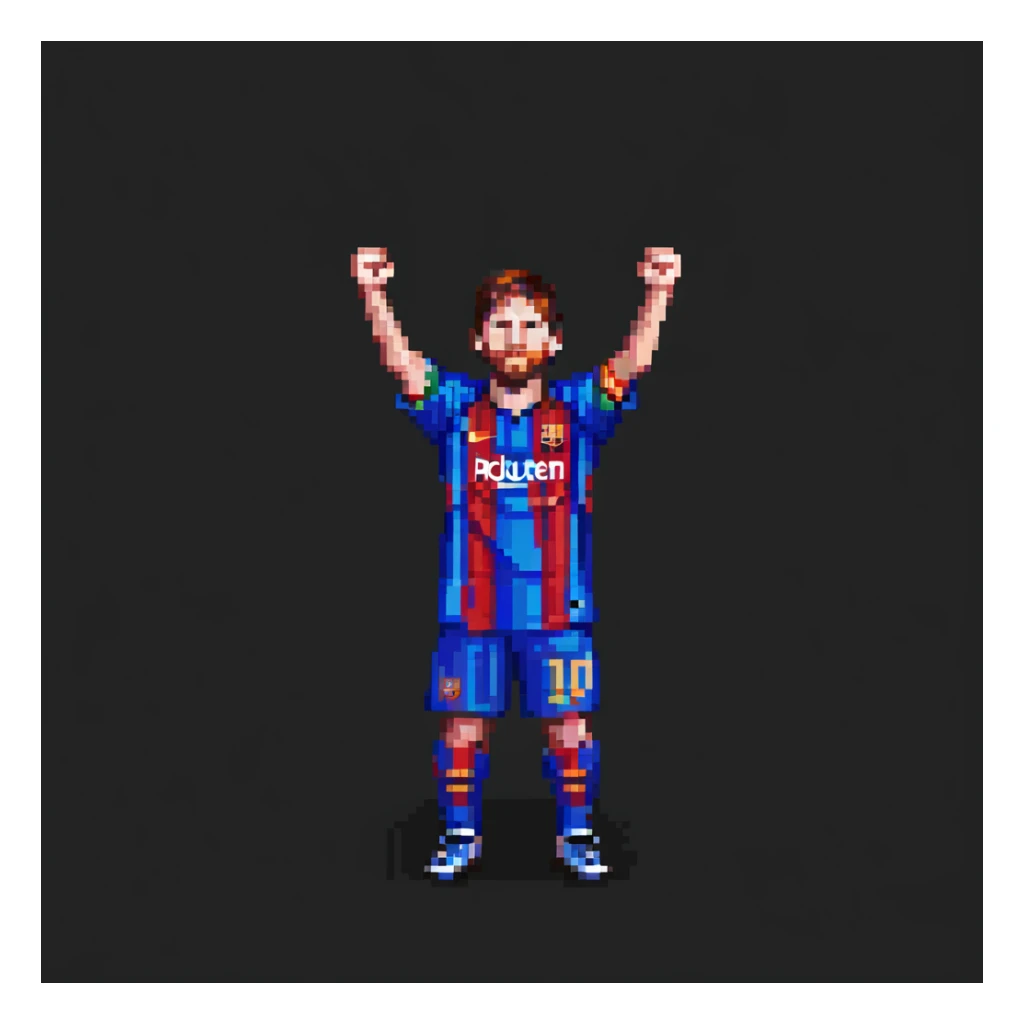 Lionel Messi celebrating a goal, pixel art style, arms raised sticker