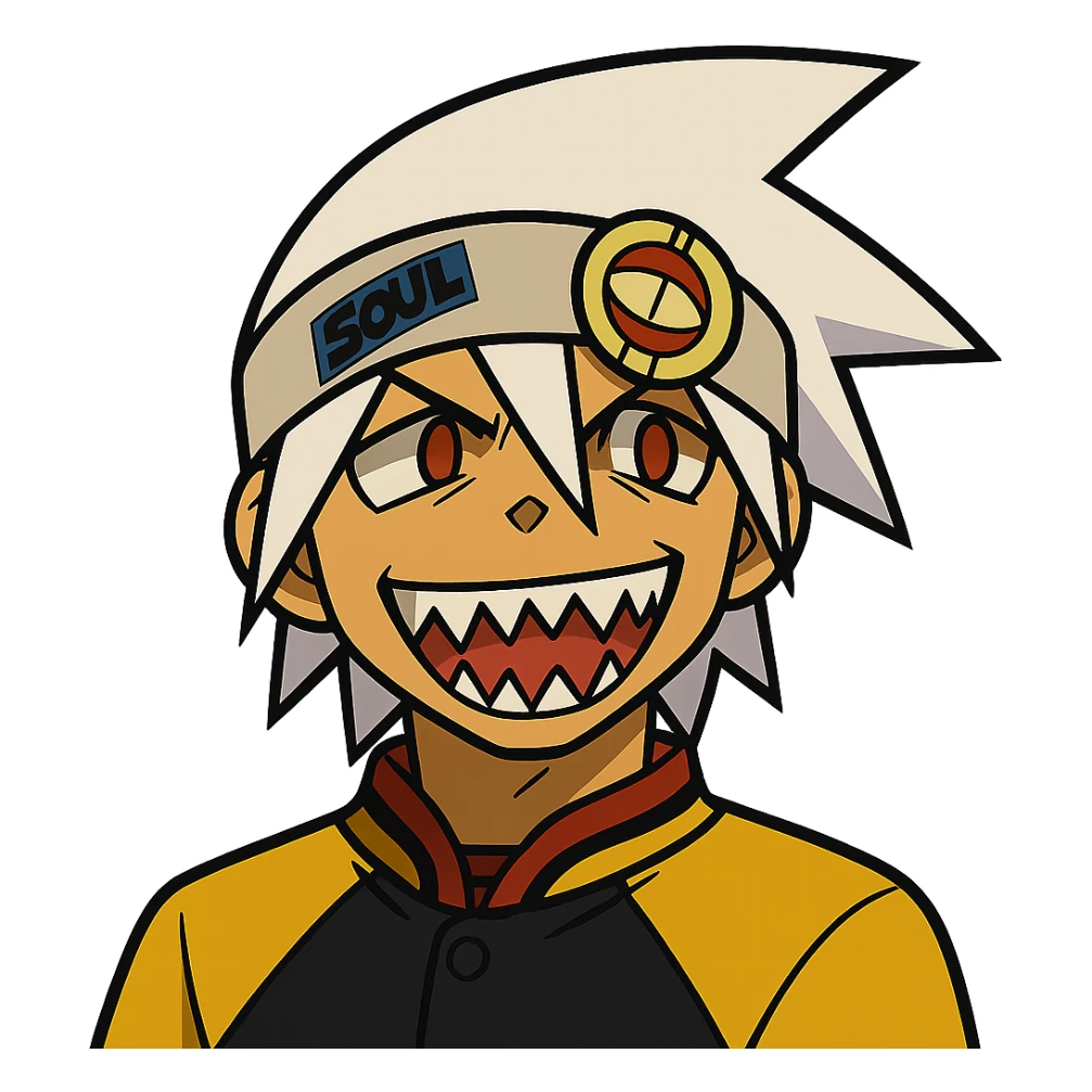 Soul Eater Evans grinning, showing sharp teeth, white spiky hair, headband, anime style, energetic expression sticker