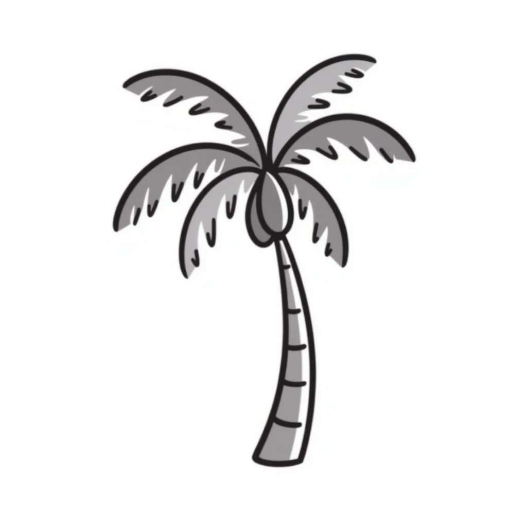 a palm tree with a curved trunk and large fronds, pastel colors dd9fb0, ffc6d3, a3bfc9, c4bee2, f1b091, detailed hand-drawn doodle style sticker