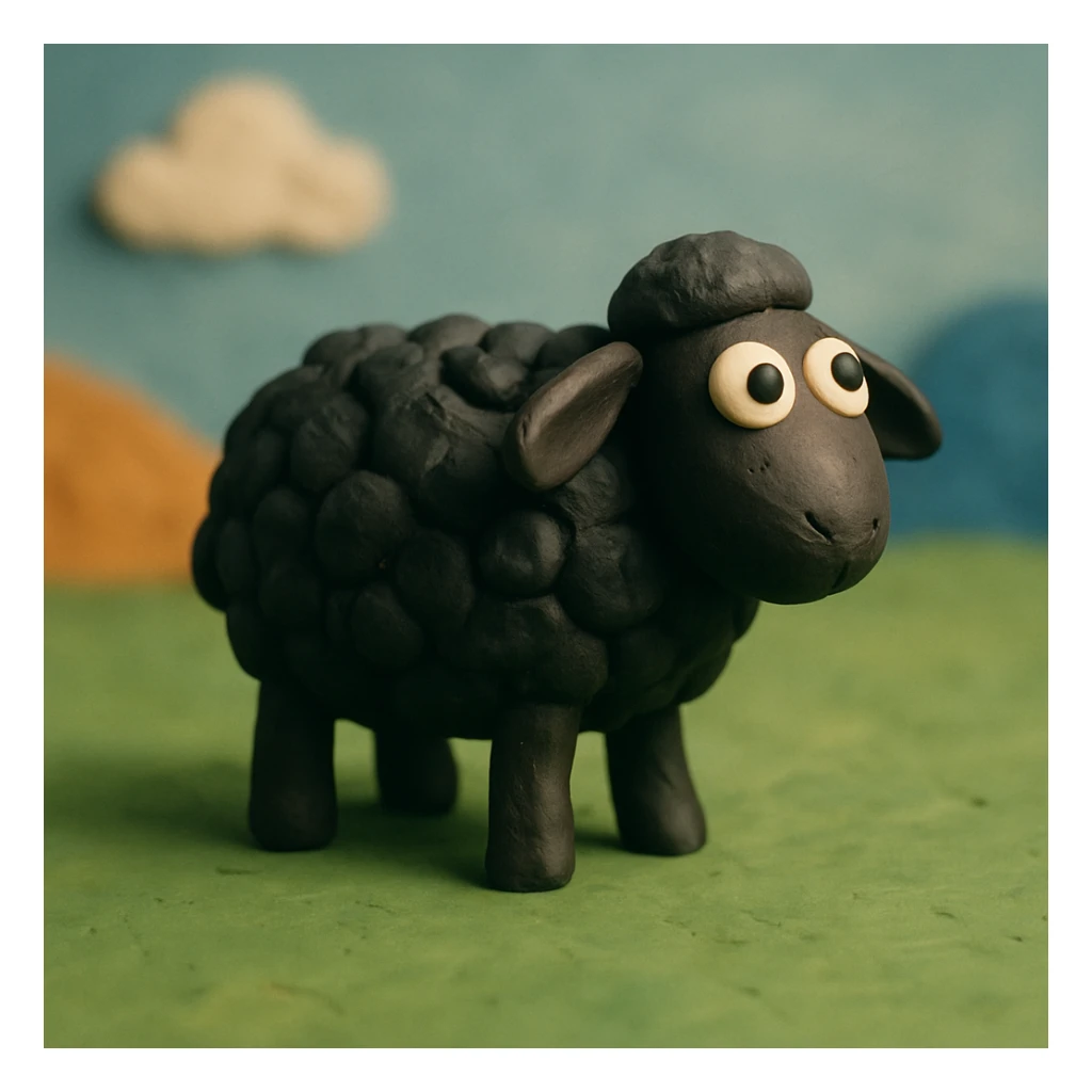 sheep with black wool standing on green grass, visible fingerprints, matte plasticine look, claymation style sticker