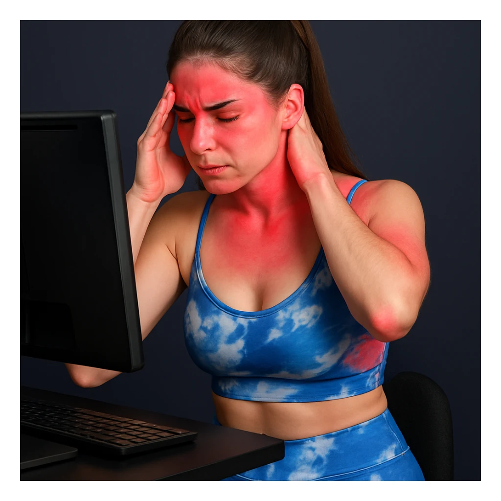 A slender woman in 4K, in front of a computer, massaging forehead and base of the neck, both areas reddened, rigid posture and tense face, inspired by the reference photo. sticker