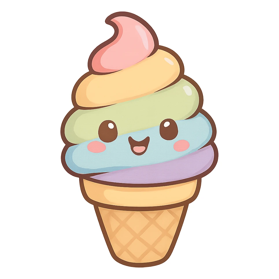 cute and exaggerated chibi sticker-style rainbow ice cream cone sticker