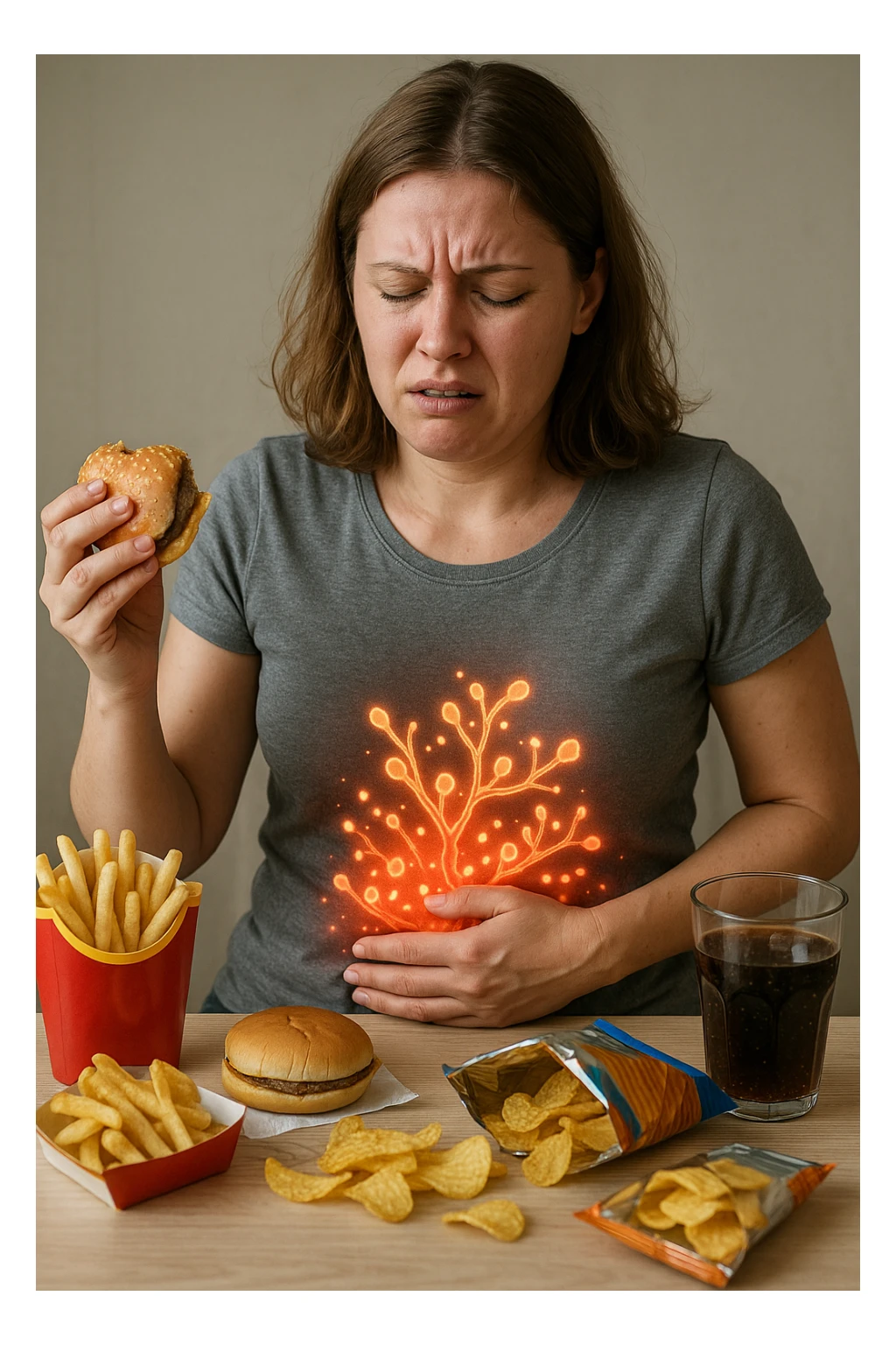 donna con candida intestinale realistic mangia cibo ultraprocessato che fa crescere la candida intestinale sticker