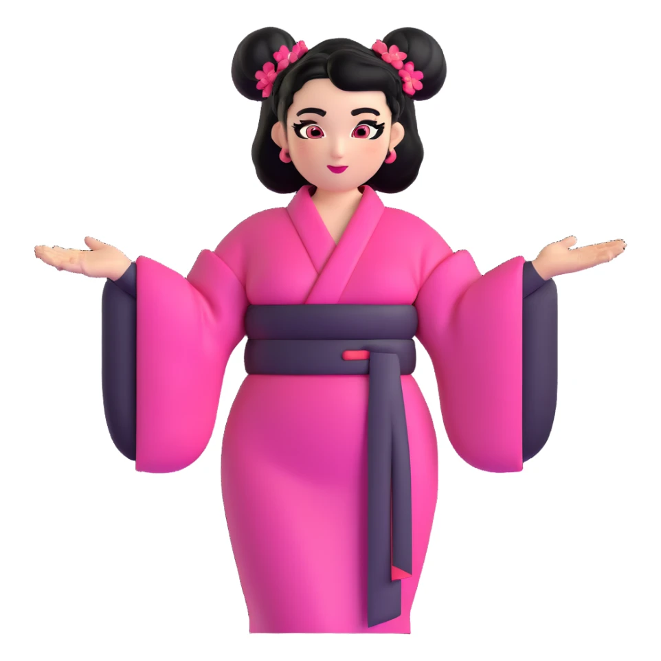 character inspired by Netta Barzilai's Eurovision 2018 'Toy' performance, black hair in two large space buns, vibrant pink black and red kimono-style dress with exaggerated sleeves and belt, bright makeup with winged eyeliner, sassy and empowered expression, playful hand gesture sticker