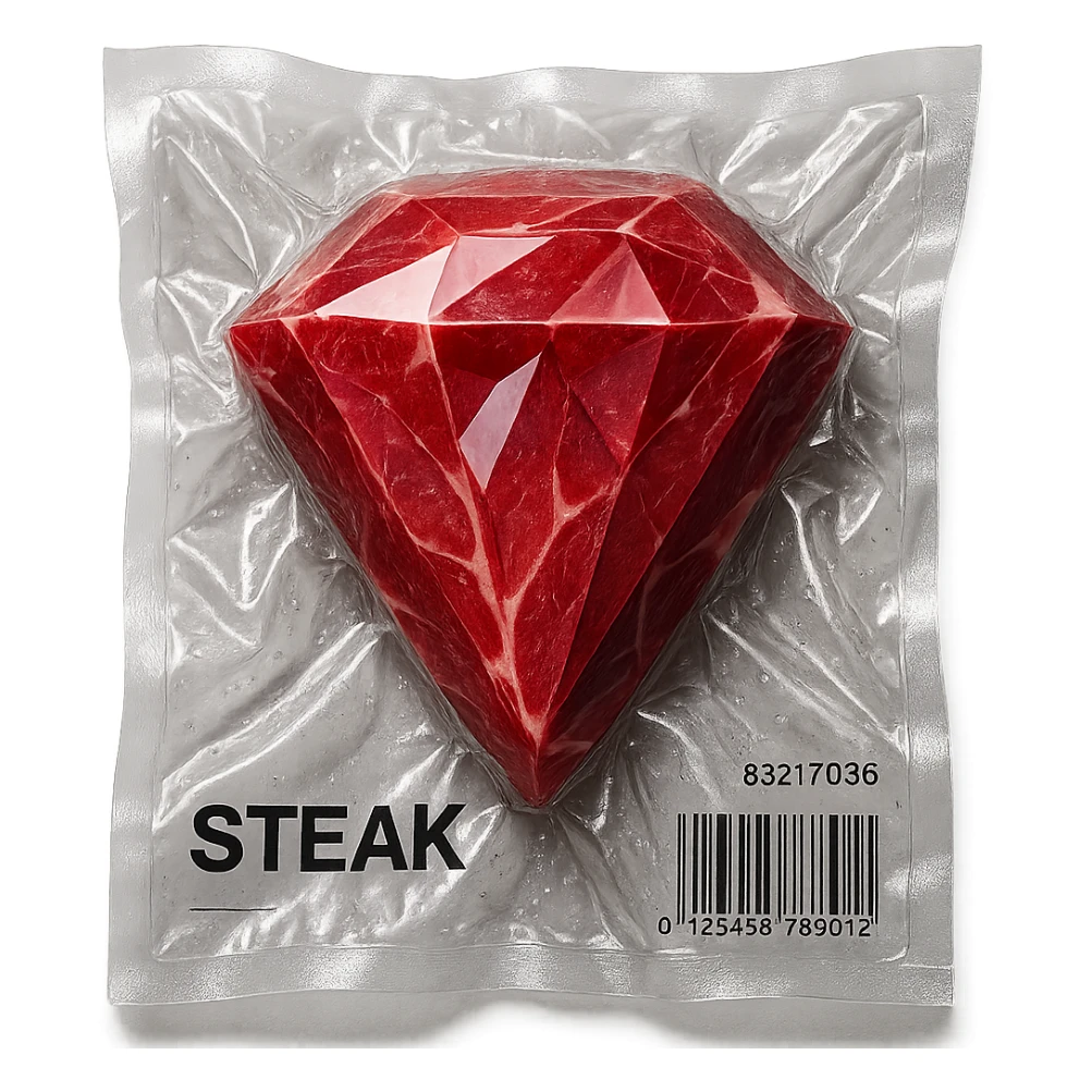steak with facets like a diamond, very glossy, vacuum-sealed style sticker