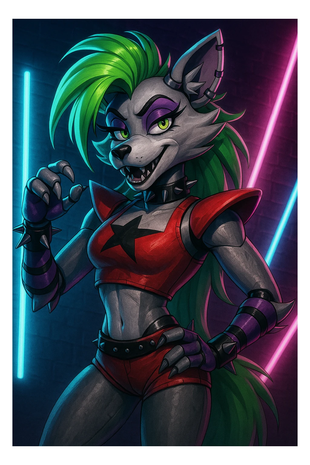 Roxanne Wolf from Five Nights at Freddy's: Security Breach, stylized as a cool, confident animatronic wolf with green hair, purple accents, and a punk rock vibe sticker