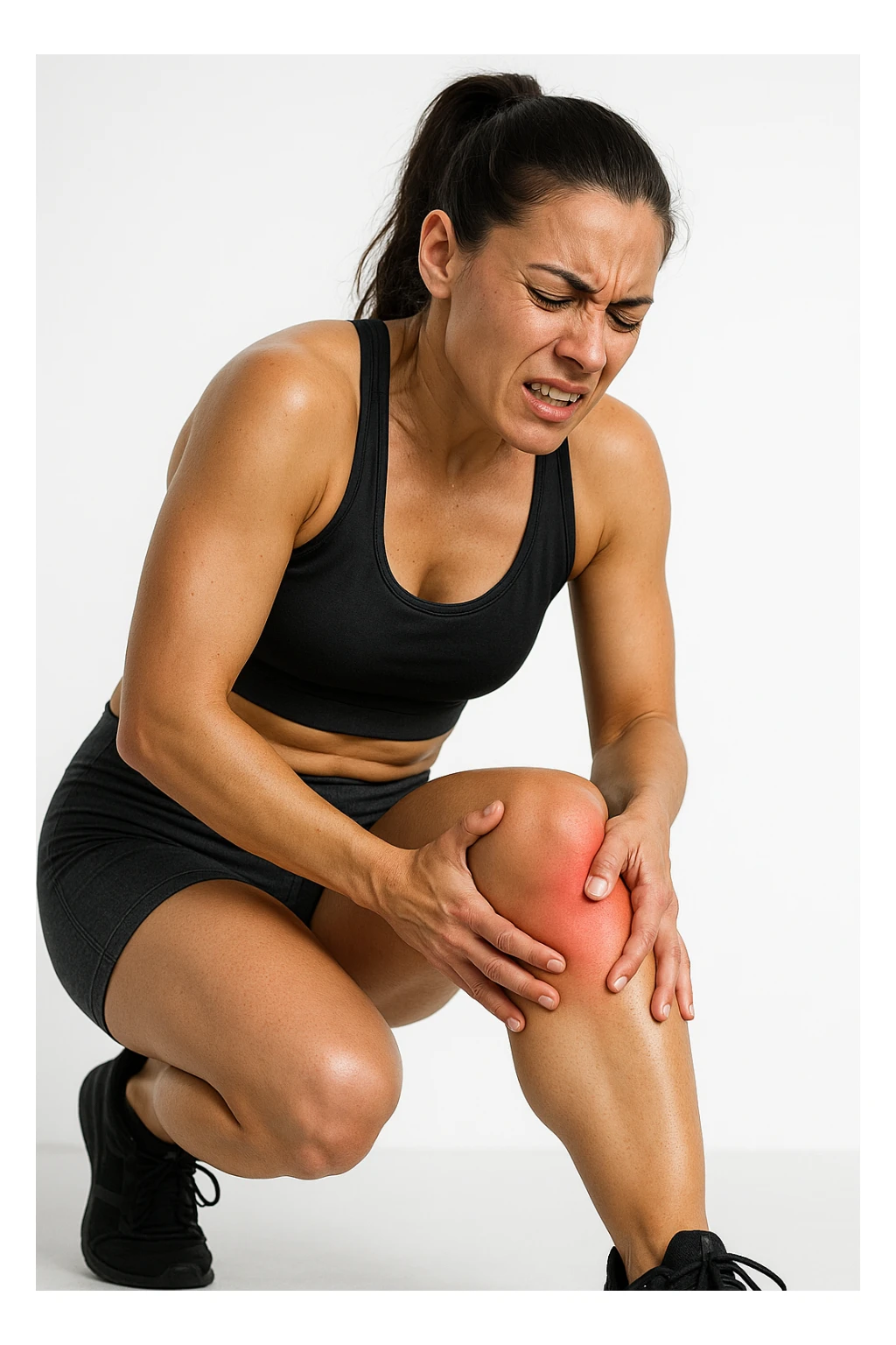 donna fitness che si tocca la gamba dolorante con espressione di dolore in volto, sente le gambe pesanti, iperrealistica 4k, sfondo bianco sticker