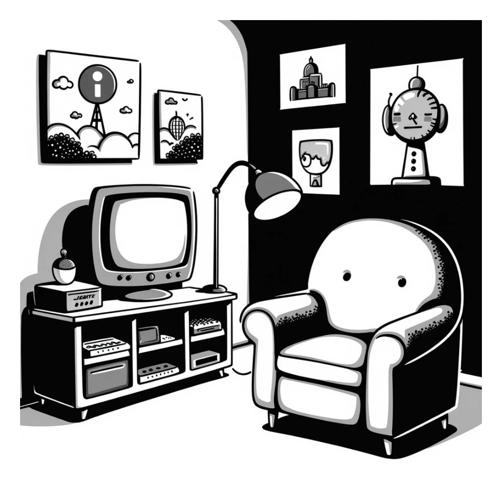 A retro gamer room with pixel posters and a console hooked to a tube TV sticker