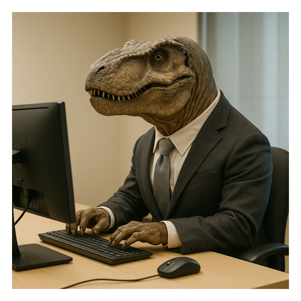 realistic dinosaur sitting on a chair, wearing a suit, using an office computer sticker