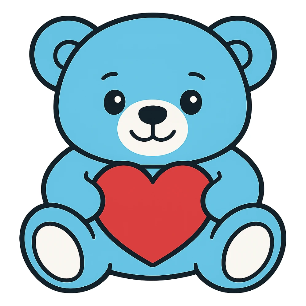 Change the teddy bear's fur to a flat blue color with white, no shadows, flat lighting, transparent background. sticker