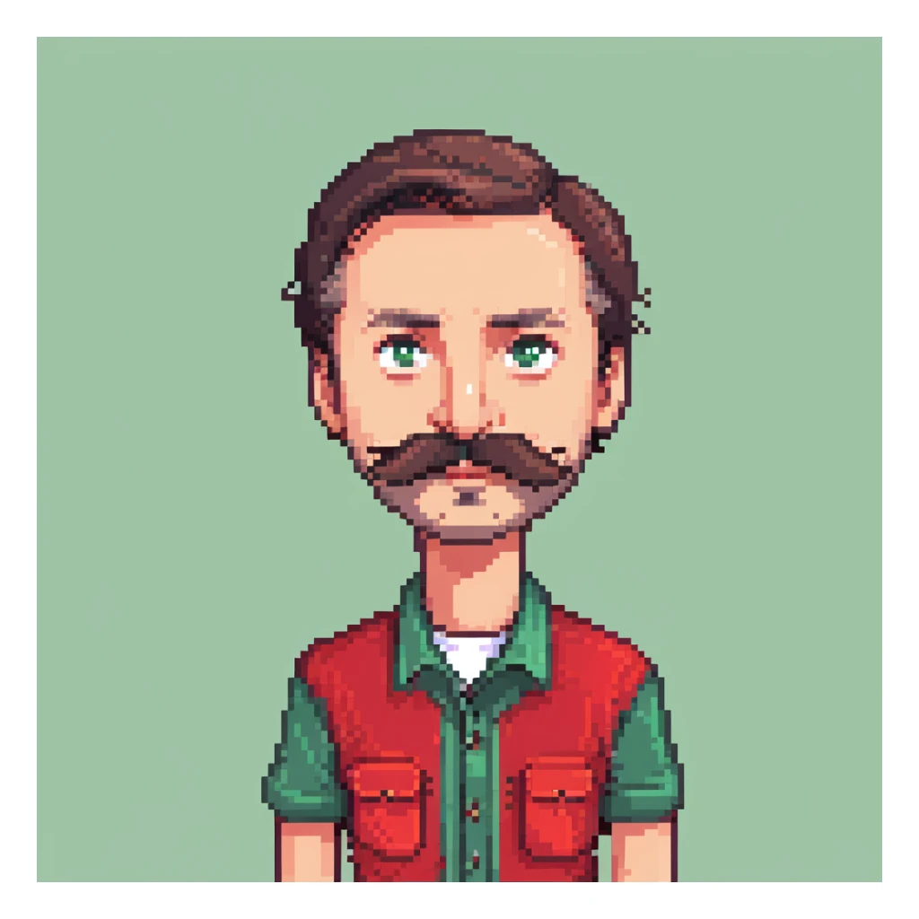 Recep İvedik as a pixel art sprite, iconic Turkish comedy character, thick mustache, expressive eyes, red shirt, playful pose sticker