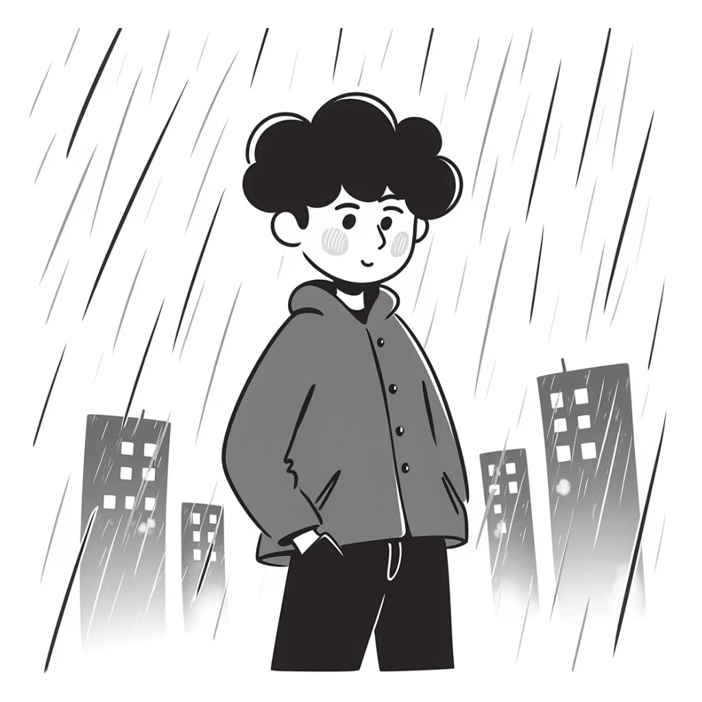 Anime boy protagonist standing in pouring rain, dramatic anime scene sticker