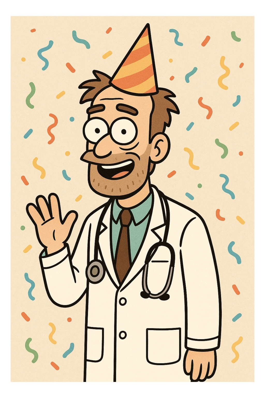 cartoon doctor in lab coat, festive party hat, confetti background sticker