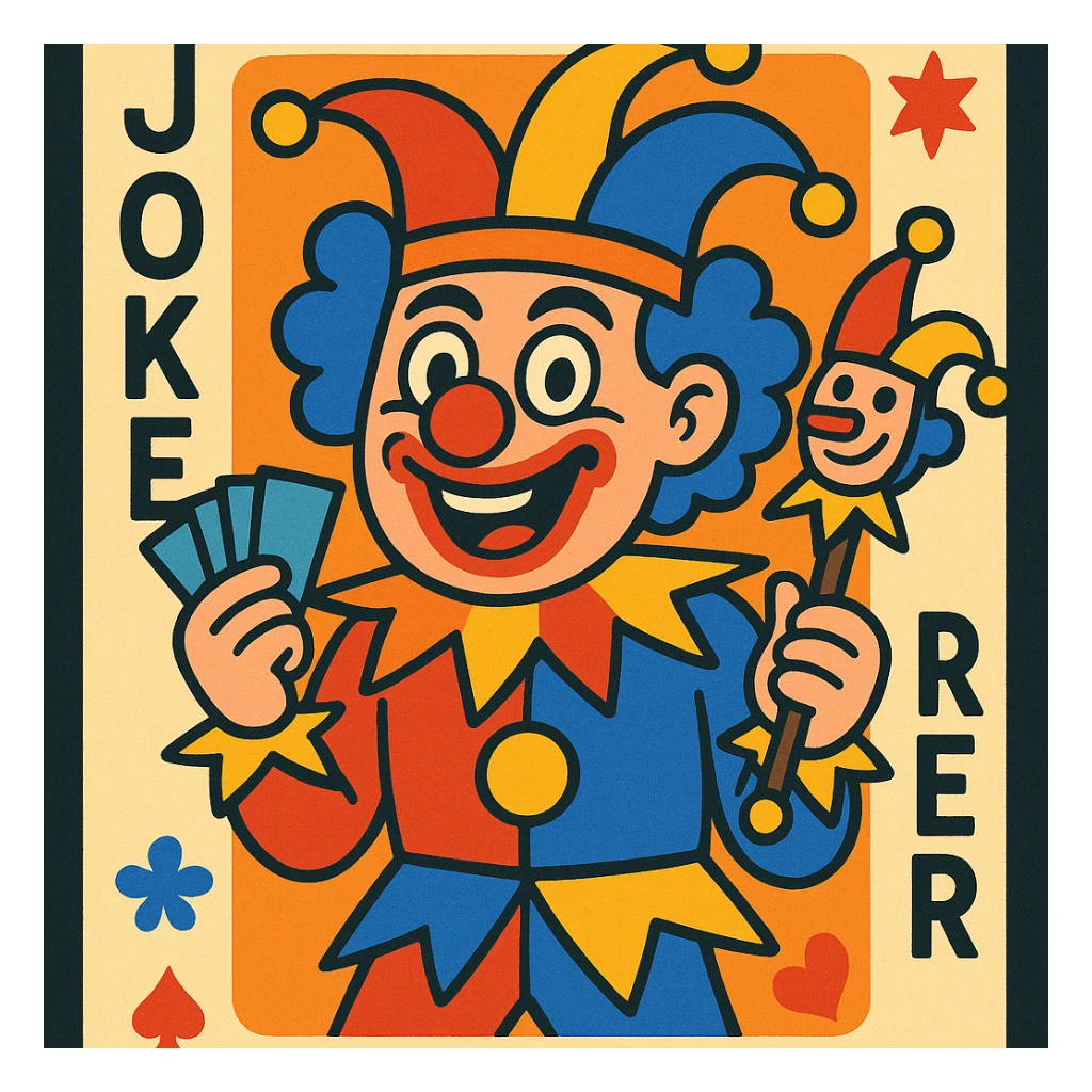 wacky joker clown playing card, vibrant colors, playful expression, whimsical details sticker