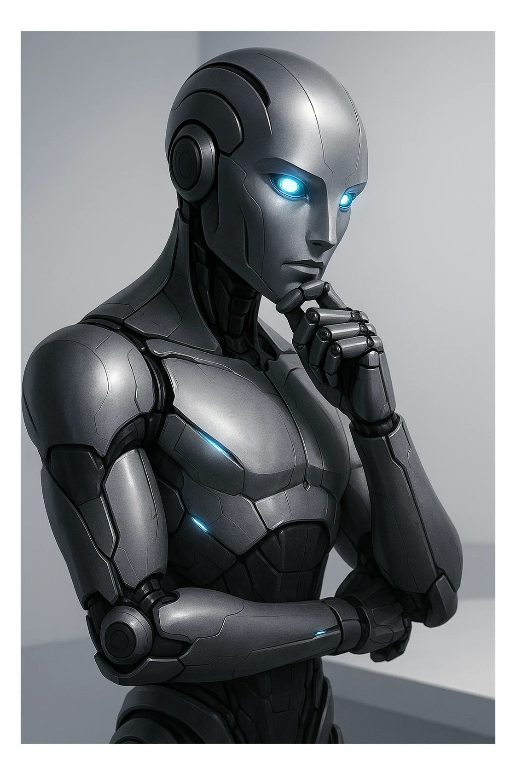 a futuristic robot in a sleek design, glowing eyes, thoughtful pose sticker