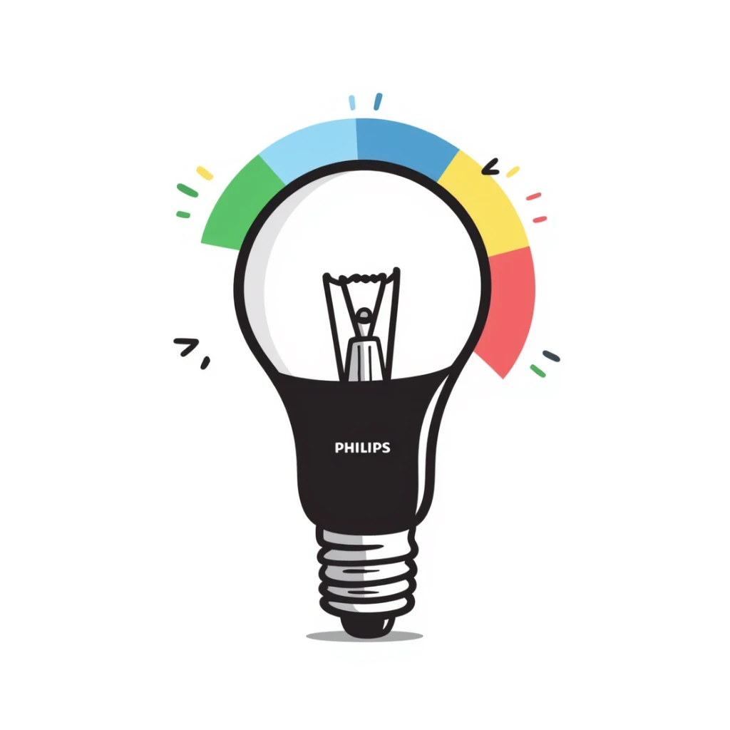 A hand-drawn Philips Hue smart bulb with app control and rainbow colors sticker