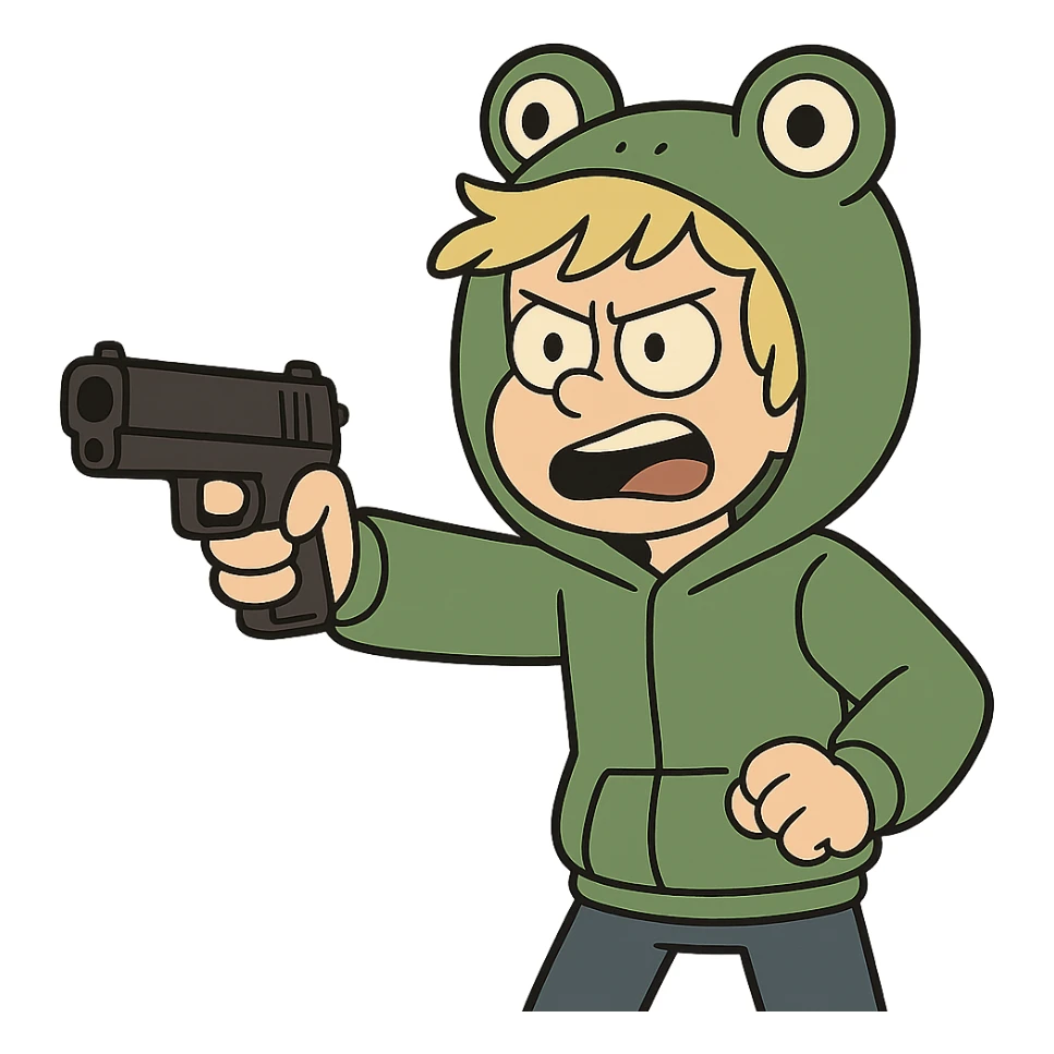 animated boy with blonde hair wearing a frog hoodie, pointing a gun forward, flat toon style sticker