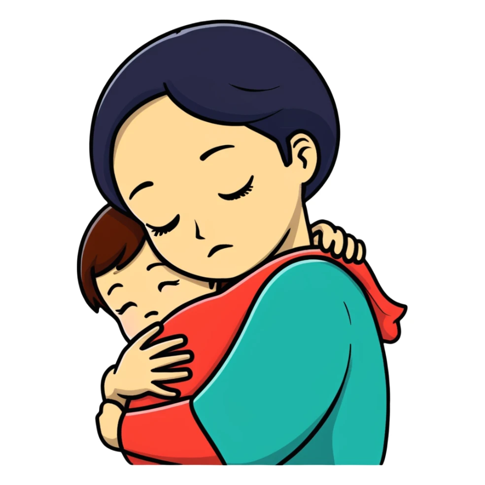 mother hugging sad child, cartoonish, bold outlines sticker