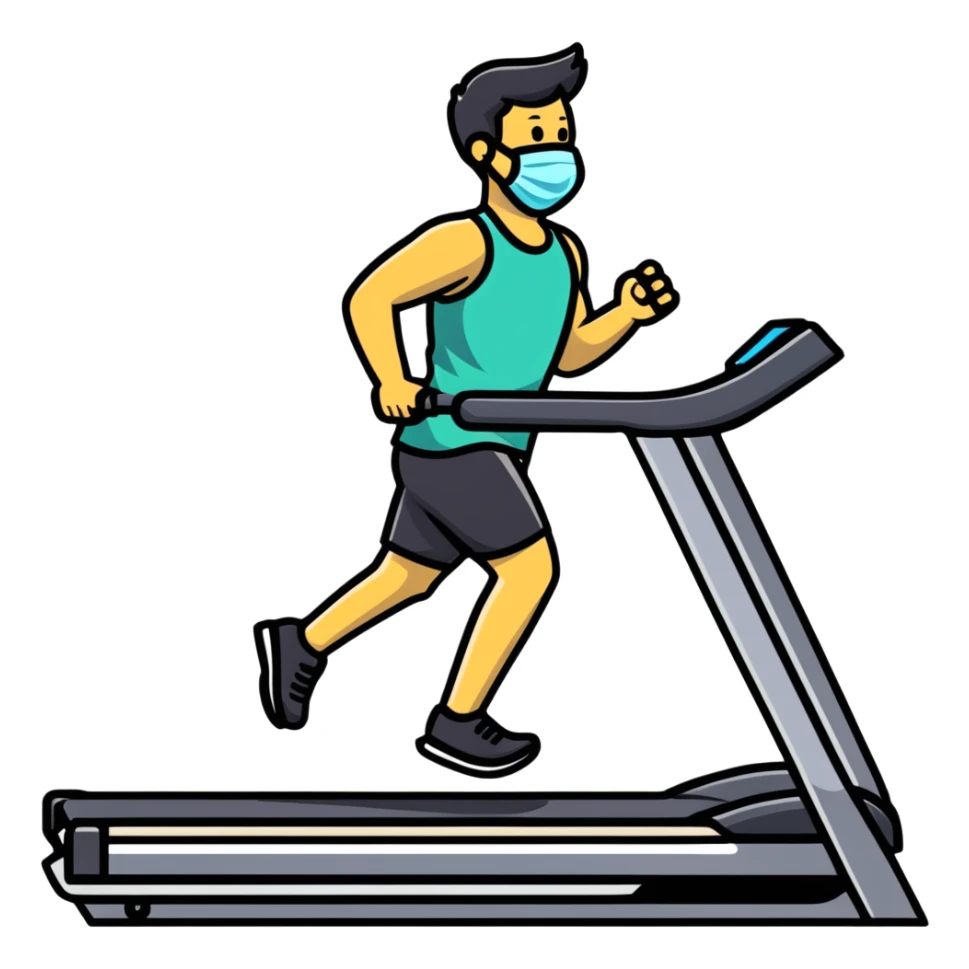 Person on treadmill with mask measuring oxygen consumption, fitness test with data visualization sticker