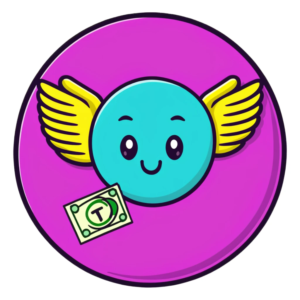 Minimalist sticker with white 'tt' letters on a black circle with cyan, magenta, and yellow dots below, money with wings emoji with street style influence sticker
