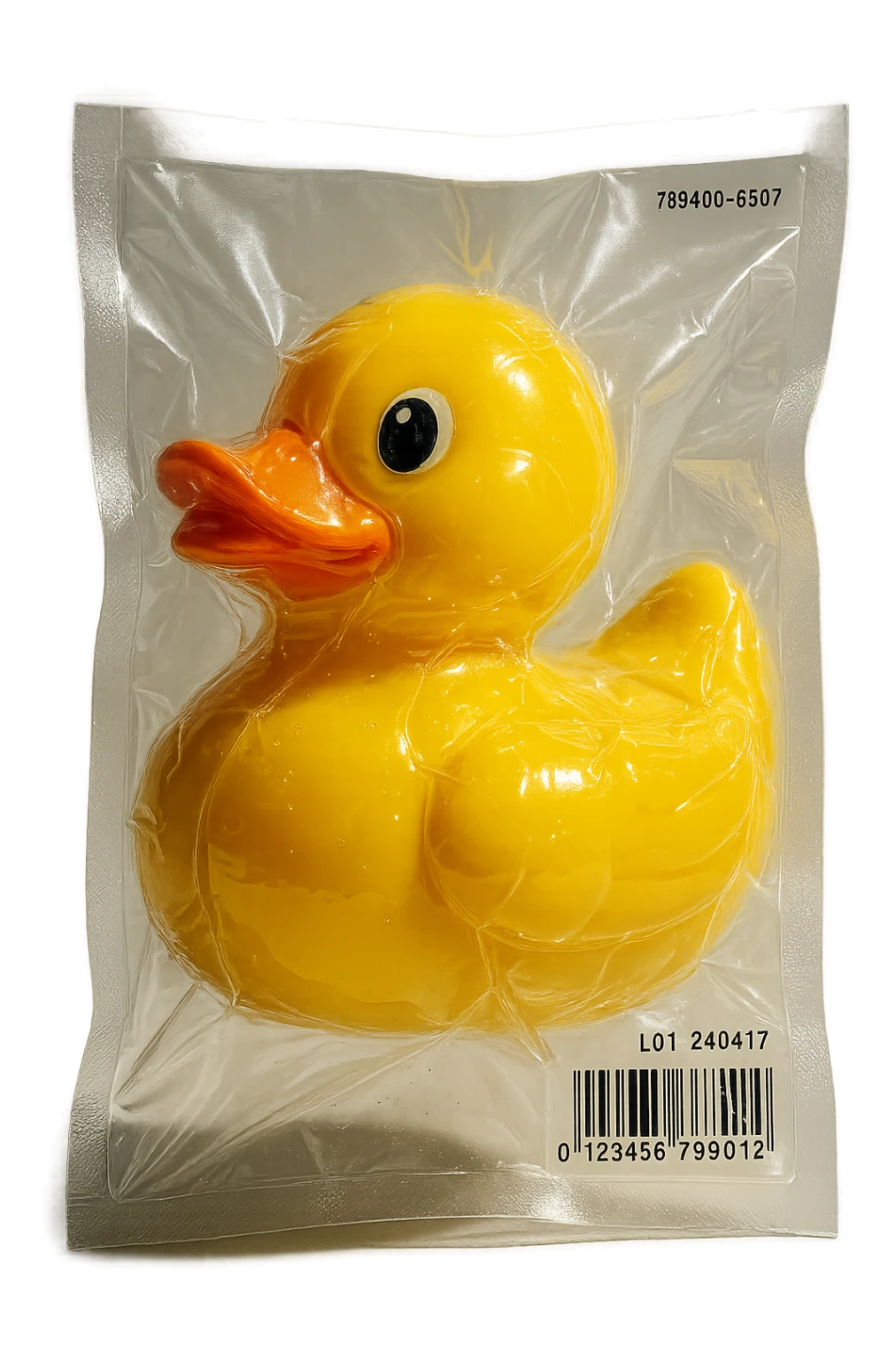 vacuum-sealed rubber duck, shiny and tightly wrapped sticker
