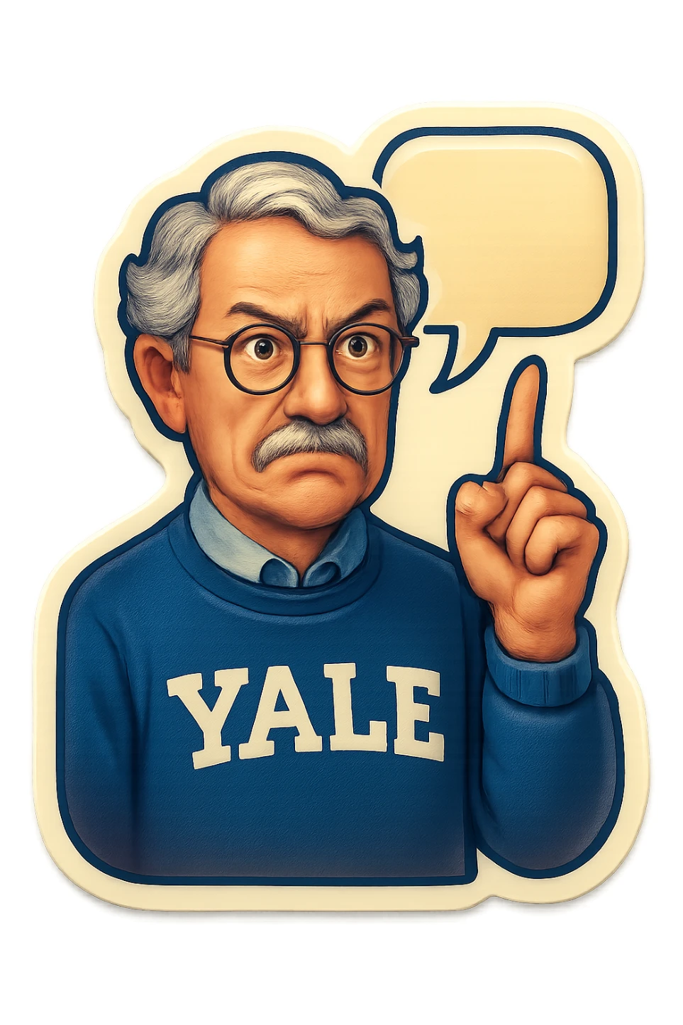 Профессор Йельского университета со скептическим лицом показываем указательный палец вверх, от головы отходить bubble speech sticker