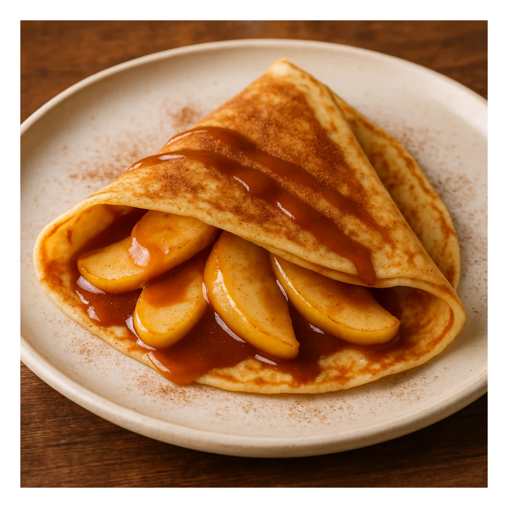 a French crepe with apple slices and caramel sauce, folded and garnished with cinnamon, photorealistic sticker