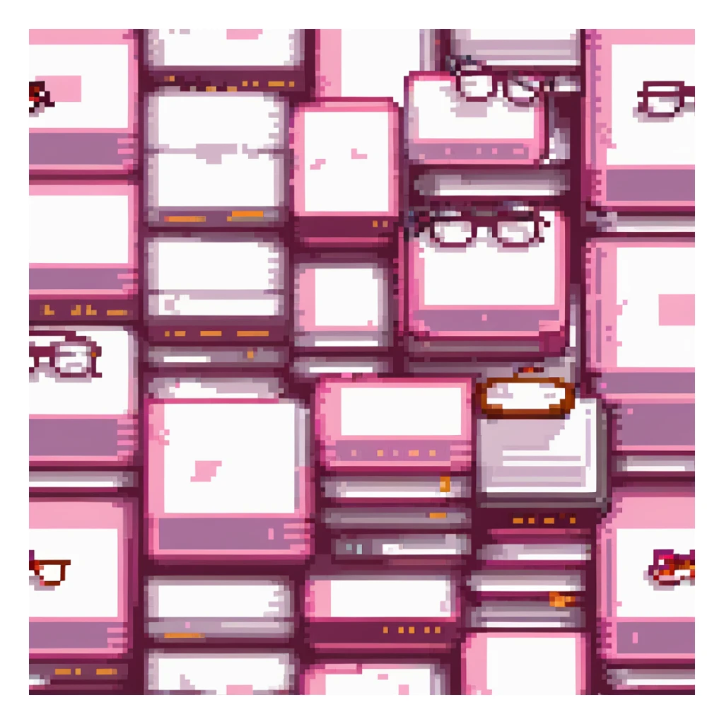 A pile of pink books with glasses on top sticker