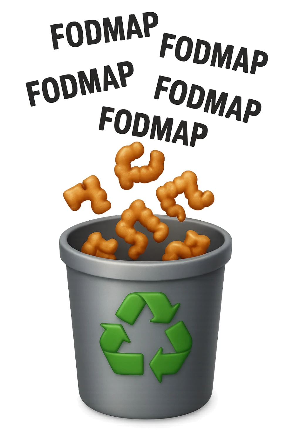 cinque scritte piccole "FODMAP" e piccoli pezzi di colon cadono in un secchio della spazzura con simbolo "recycle" sopra, stile emoji iphone, iperrealistico 4k sticker