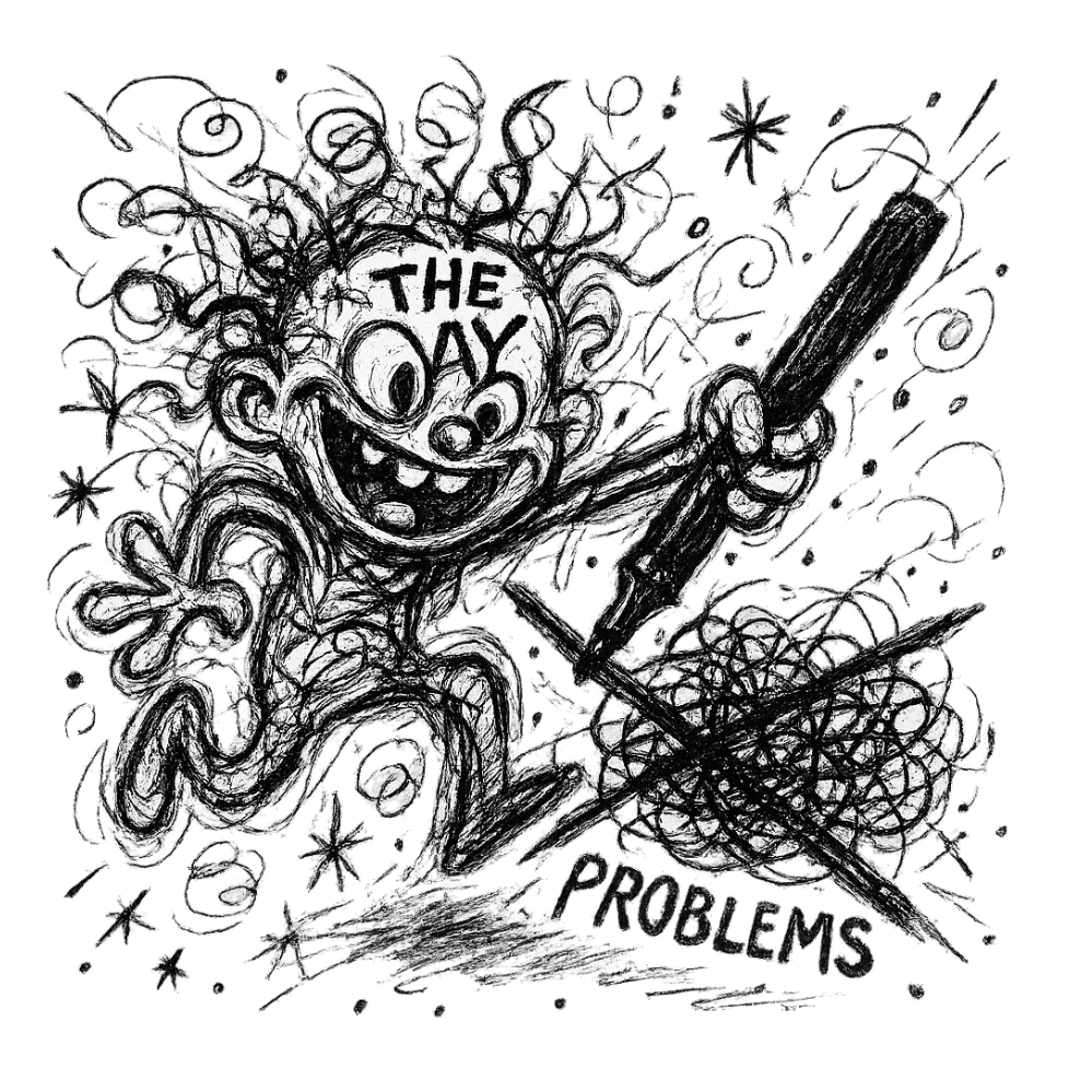 A surreal image of a day crossing out everyday problems. The day is depicted as a chaotic doodle character with a marker, crossing out a list of problems. sticker