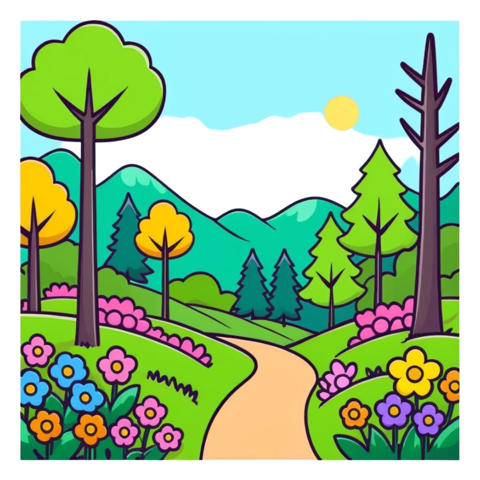 spring forest scene with colorful flowers and green trees in cartoon sticker style sticker