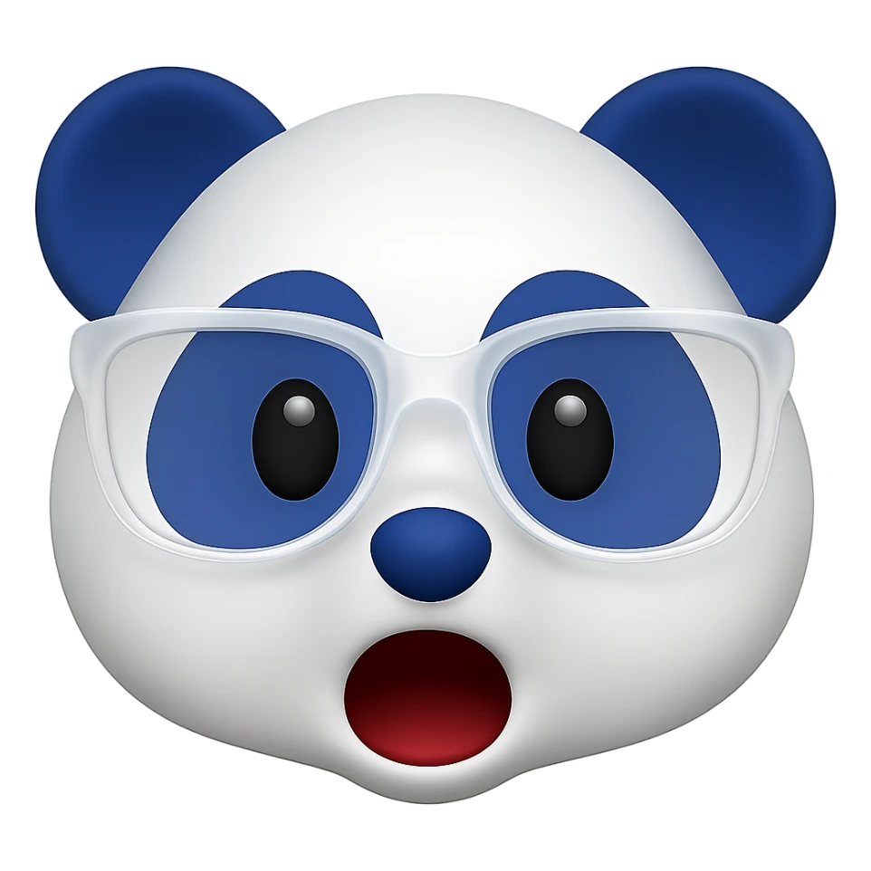 Make the panda's white designer glasses translucent and give the panda a surprised expression, keeping the playful 3D emoji look with white and #002FA7 blue coloring. Remove the background. sticker