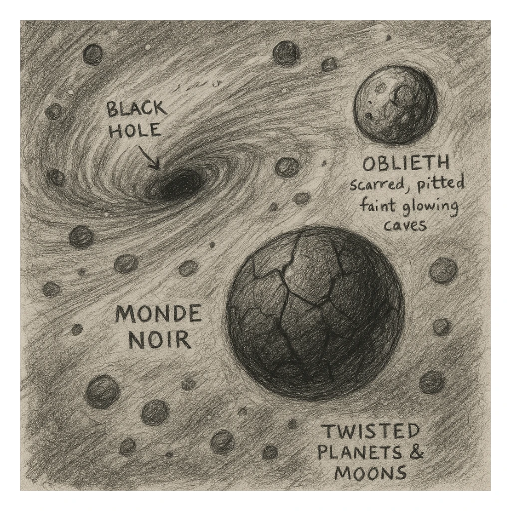 hand drawn map of dark back ward -“A dark cosmic region orbiting a massive black hole. No sunlight. A dead solar system with twisted planets and moons circling in silence. Monde Noir looms in the foreground — a cracked, obsidian planet with no atmosphere. Its moon, Oblieth, floats nearby, scarred and pitted, with faint green lights glowing from within cave openings. Stars are distorted and streaked by gravitational lensing. The entire scene is heavy, quiet, and surreal.” sticker